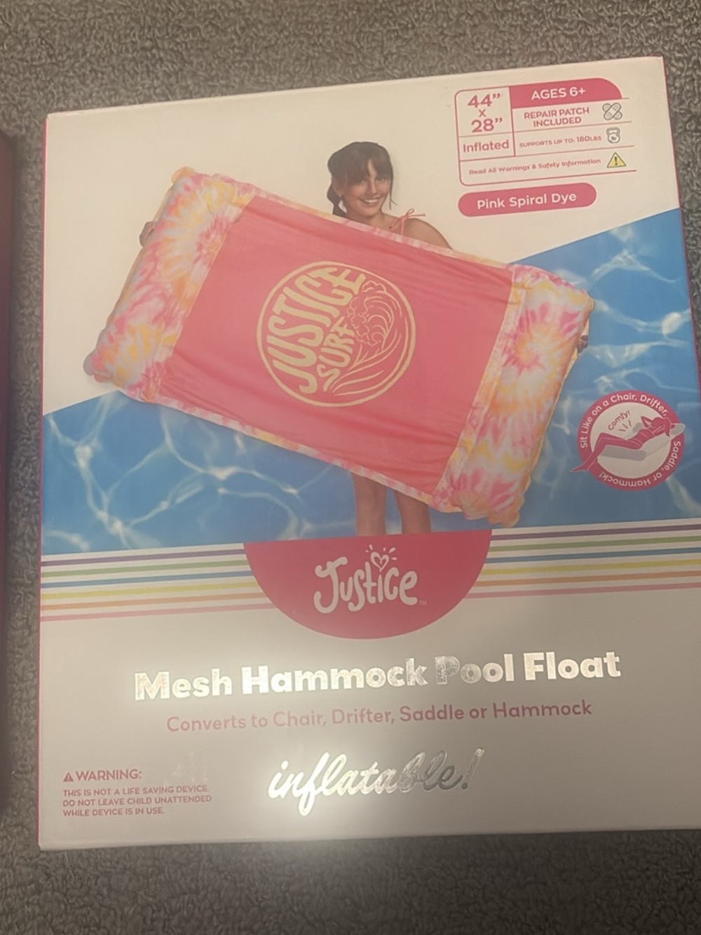 Justice Kids Pink Spiral Dye Mesh Hammock Pool Float